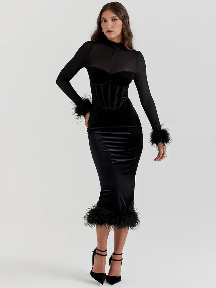 Lyriane | Feather-Trim Sheer Elegance Midi Dress
